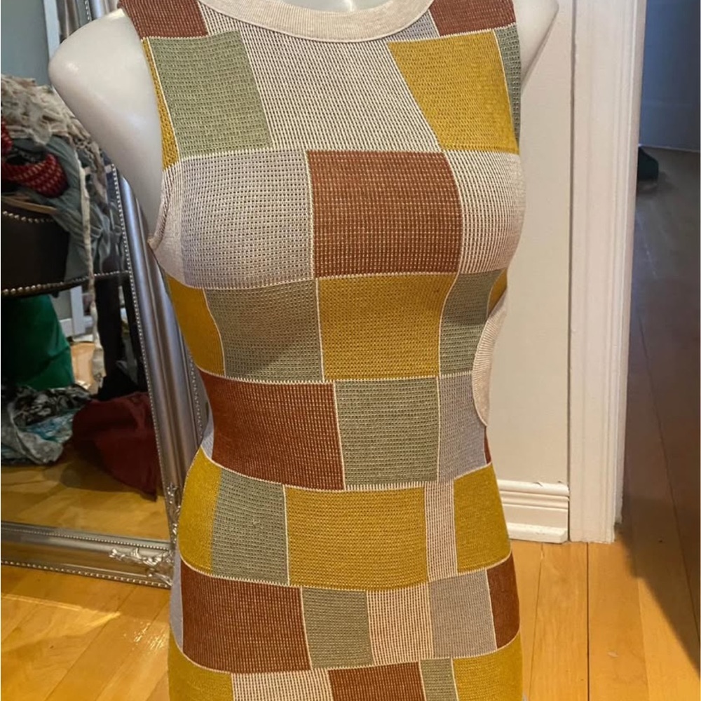 Sleeveless Patchwork Zara Knit Dress in Mustard, Olive & Tan